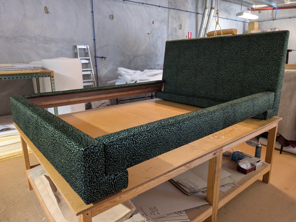 Repholstered Bed After in Mokum Fabric Leopardo Palm Leaf Perth